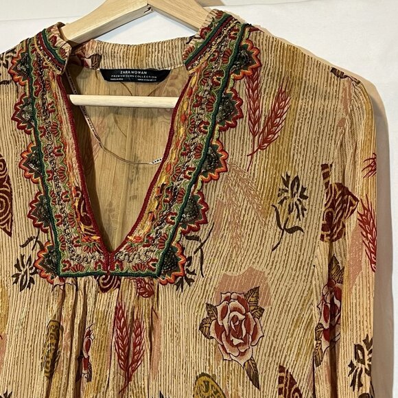 Zara Tunic Mini Dress Medium Size Embroidered Beaded Boho Bell Sleeve Lined - Picture 10 of 16